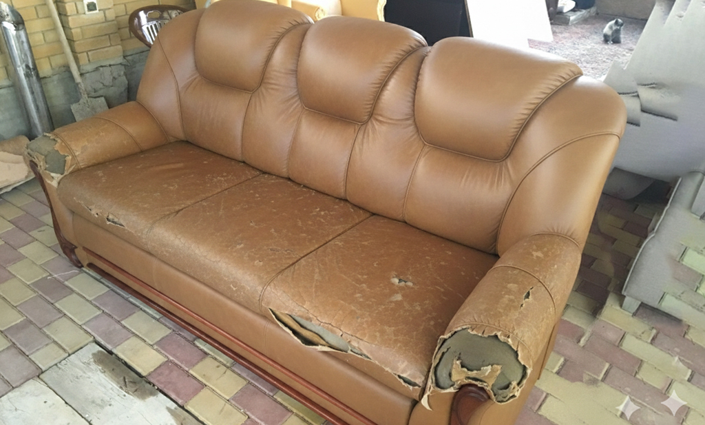 Антикварное кресло с бархатной коричневой обивкой и подлокотниками в виде резных деревянных львиных фигур, с грязными пятнами на спинке